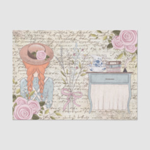 Vintage Red Hair Girl Roses Old Letter Decoupage Tissue Paper