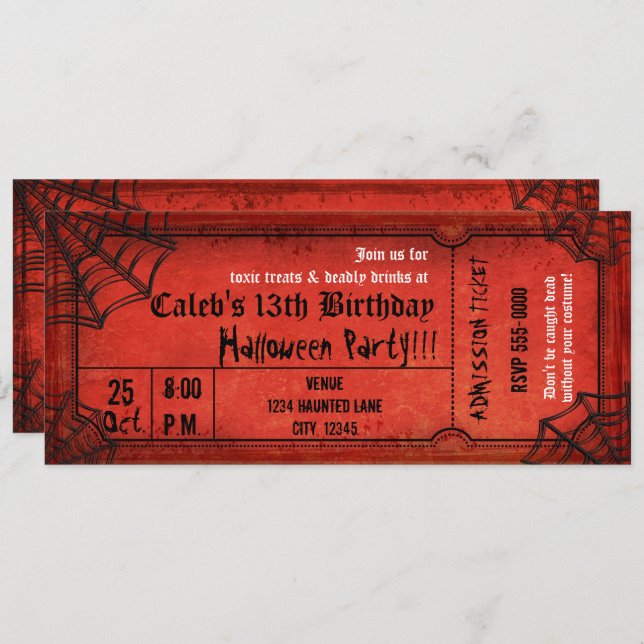 Vintage Red Halloween Party Spiderwebs Ticket Invitation (Front/Back)