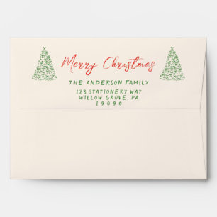 Vintage Red Hand Drawn Bow Trees Merry Christmas Envelope