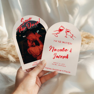 Vintage Red Hand Written Arched Photo Wedding Save The Date