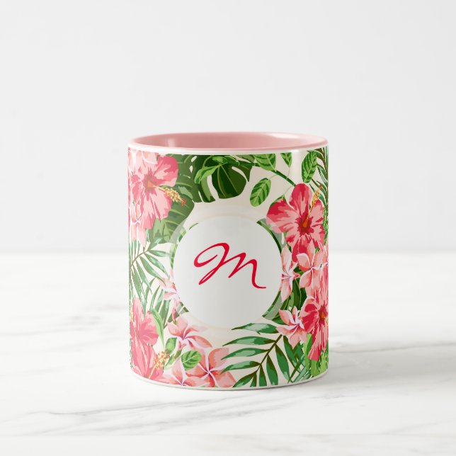Vintage Red Hibiscus pattern Monogram Mug (Center)