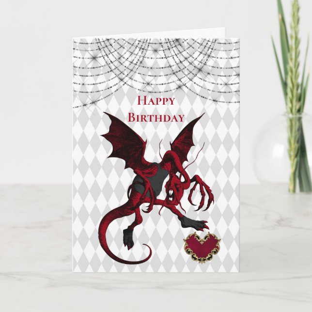 Vintage Red Jabberwocky Dragon Birthday Card (Front)
