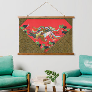 Vintage Red Japanese Phoenix Bird Art G.A. Audsley Hanging Tapestry