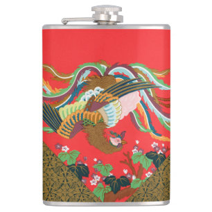 Vintage Red Japanese Phoenix Bird Art G.A. Audsley Hip Flask