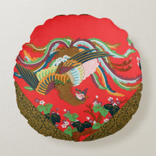 Vintage Red Japanese Phoenix Bird Art G.A. Audsley Round Cushion