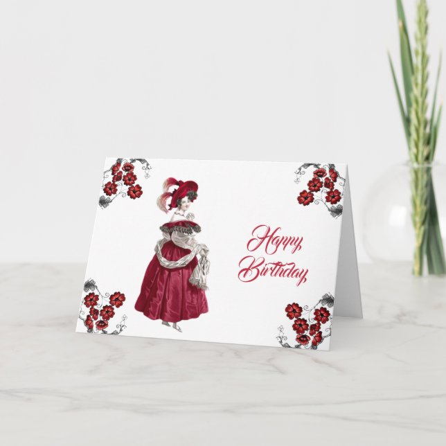 Vintage Red Lady Floral Elegant Birthday Card (Front)