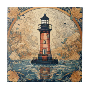Vintage Red Lighthouse Ceramic Tile
