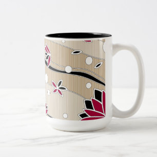 Vintage Red Lotus Flowers on Beige Stripes Two-Tone Coffee Mug