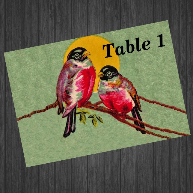 Vintage Red Love Birds Sun Table Number (Two red love birds sitting together on branch yellow sun on green event table cards.)