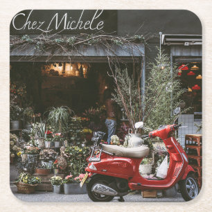 Vintage Red Motor Scooter      Square Paper Coaster