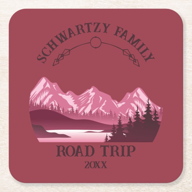 Vintage Red Mountain Lake Sunset Square Paper Coaster (Front)