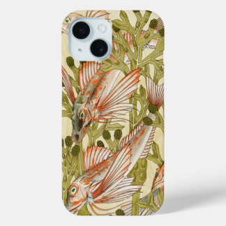 Vintage Red Mullet Fish and Coral Illustration Art iPhone 15 Case