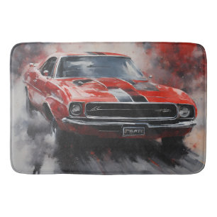 Vintage Red Muscle Car with silver stripe Bath Mat