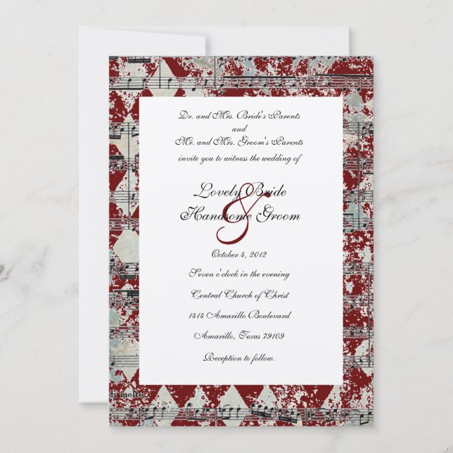Vintage Red Music Chevron Wedding Invitation (Front)