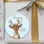 Vintage Red Nosed Reindeer Child Gift Christmas  Classic Round Sticker<br><div class="desc">This design may be personalised in the area provided by changing the photo and/or text. Or it can be customised by clicking Personalise this Template and then choosing the click to customise further option and delete or change the colour of the background, add text, change the text colour or style,...</div>