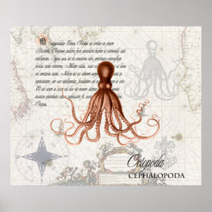 Vintage Red Octopus Illustration Nautical Map Poster
