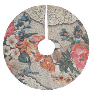 Vintage red orange white flower pattern brushed polyester tree skirt