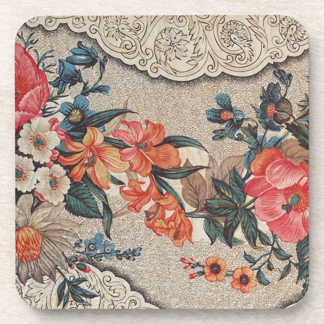 Vintage red orange white flower pattern coaster (Front)