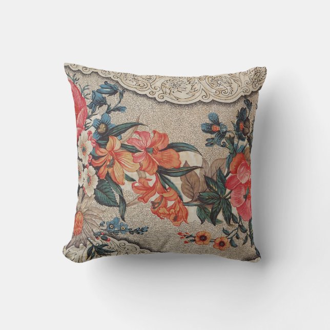 Vintage red orange white flower pattern cushion (Front)