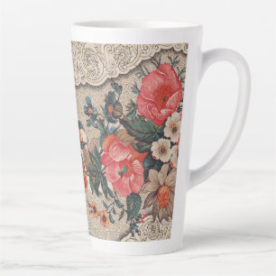 Vintage red orange white flower pattern latte mug