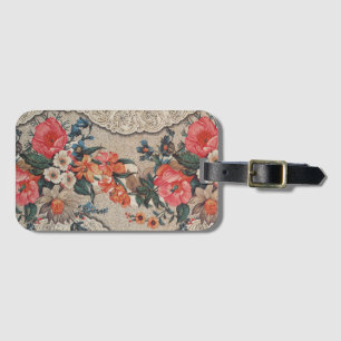 Vintage red orange white flower pattern luggage tag