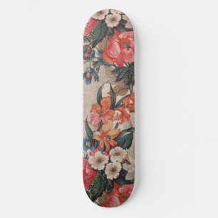 Vintage red orange white flower pattern skateboard