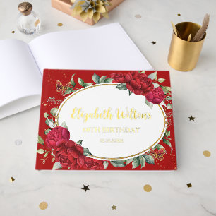 Vintage Red Peonies Floral Butterflies Birthday Guest Book
