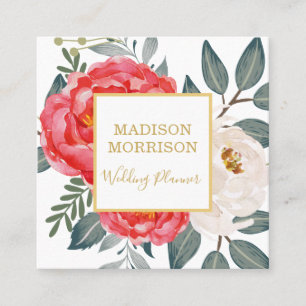 Vintage Red Peonies / Modern Botanical Square Business Card