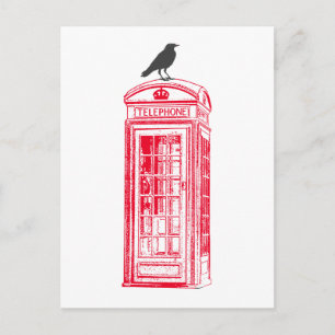 Vintage Red Phone Booth & Raven Postcard