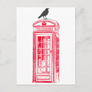Vintage Red Phone Booth & Raven Postcard