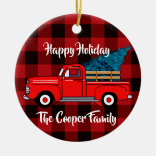 Vintage Red pick-up truck, buffalo plaid, holiday Ceramic Ornament