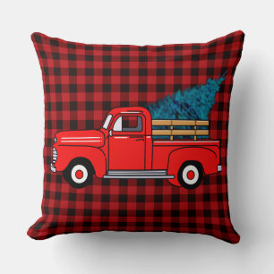 Vintage Red pick-up truck, buffalo plaid, holiday Cushion