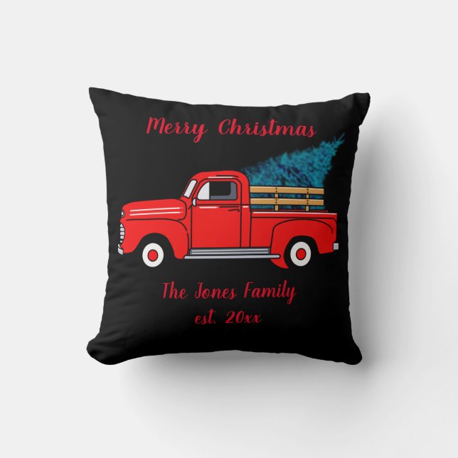 Vintage red pick-up truck, holiday fun cushion (Front)