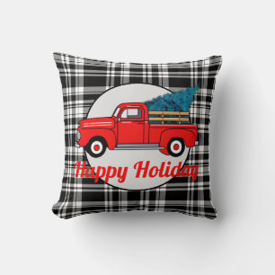 Vintage red pick-up truck, pine tree, holiday fun cushion