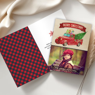 Vintage Red Pickup Truck Christmas Photo Holiday Card
