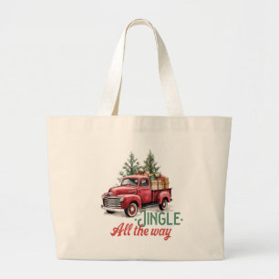 Vintage Red Pickup Truck “Jingle All The Way”  Large Tote Bag
