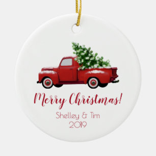 Vintage Red Pickup Truck   Merry Christmas Ceramic Ornament