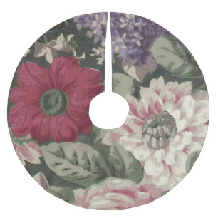 Vintage red pink blue white flowers painting brushed polyester tree skirt