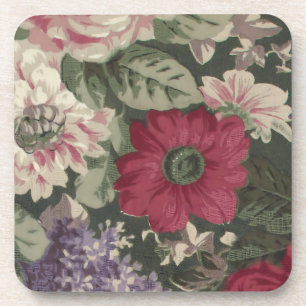 Vintage red pink blue white flowers painting coaster