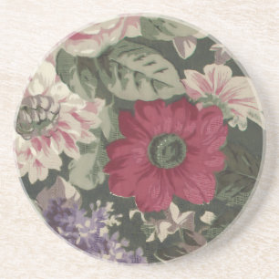Vintage red pink blue white flowers painting coaster