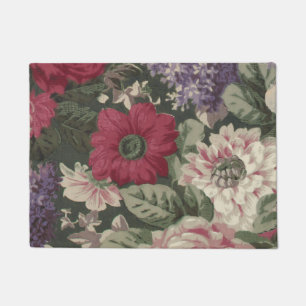 Vintage red pink blue white flowers painting doormat