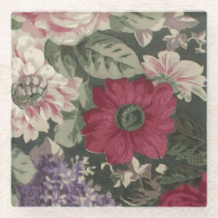Vintage red pink blue white flowers painting glass coaster