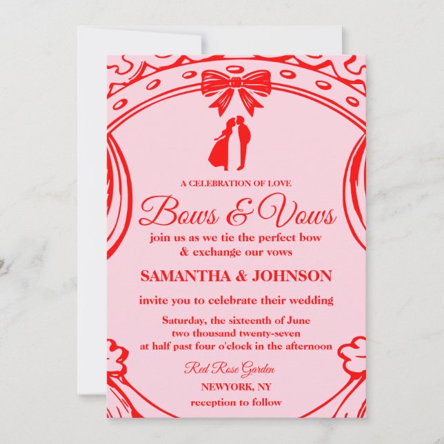 Vintage Red Pink Bows & Ribbons Wedding Invitation (Front)