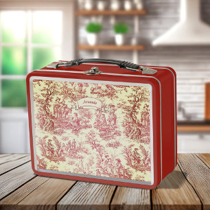 Vintage Red Pink French Country Scenic Toile Metal Lunch Box