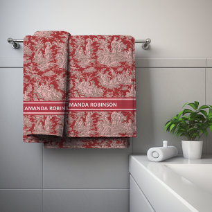 Vintage Red Pink French Country Toile de Jouy Bath Towel Set