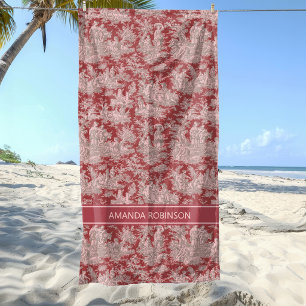 Vintage Red Pink French Country Toile de Jouy Beach Towel