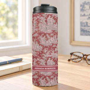 Vintage red pink toile de jouy printed thermal tumbler