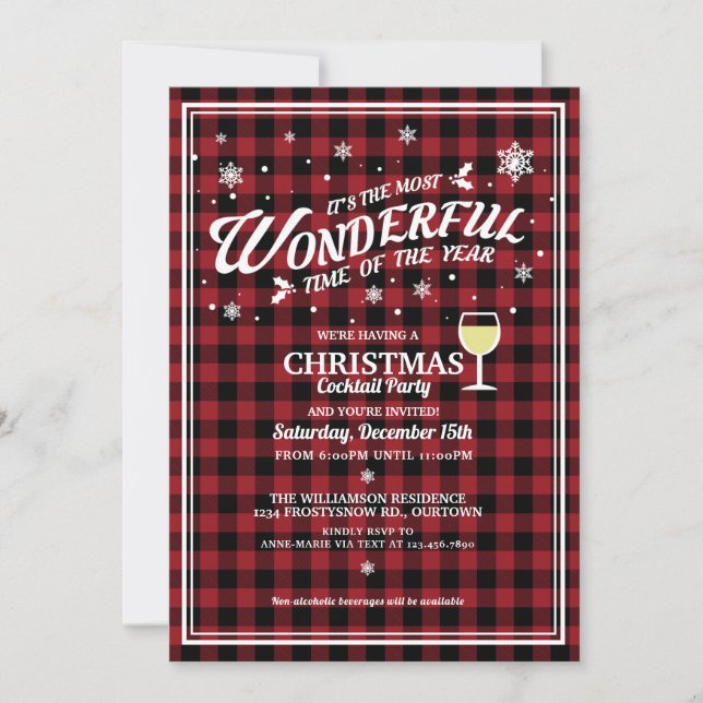 Vintage Red Plaid Christmas Cocktail Party Invitation (Front)