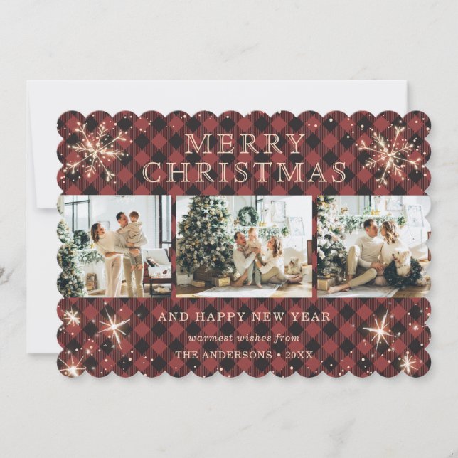 Vintage Red Plaid Snowflake Photo Collage Holiday Card (Front)