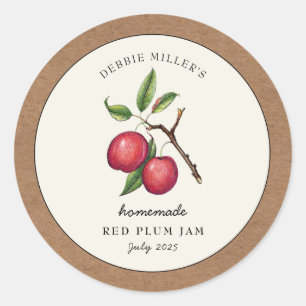 Vintage Red Plum Jam Kraft paper border Classic Round Sticker